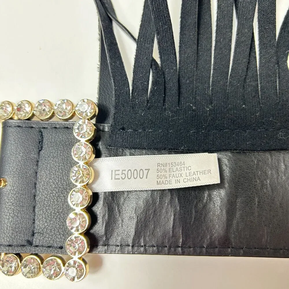 Women's NWOT Black Fringe Clear Gem Detail Buckle Elastic and Faux Leather Belt